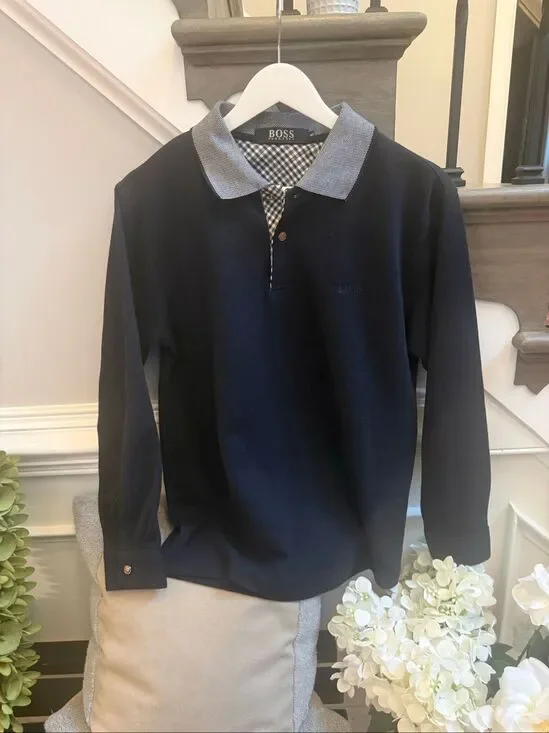 Boss Hugo Boss Navy Logo Embroidered Ling Sleeve Button Cuff Polo Shirt sz M NWO