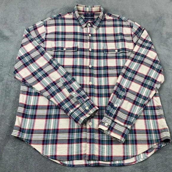 Lucky Brand Mens XL Shirt Cream Red Green Plaid Classic Fit Flannel Button Down
