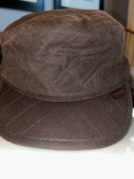 Barbour Brown Quilted Waxed Cotton Trapper Hat, Sz Small
