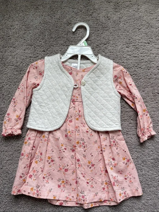 Carter's Pink Floral Dress with Cream Quilted Vest - Girls