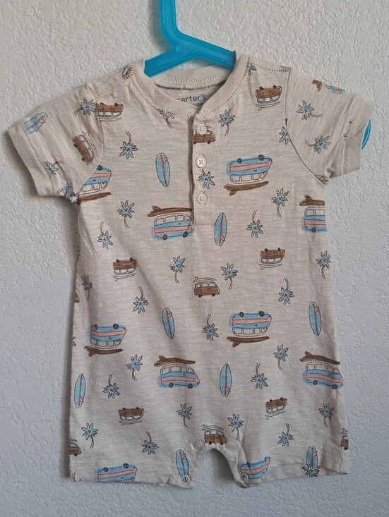 Boys Carter's Tan Van Surfboard Vacation Print One Piece Romper Size 6 Months