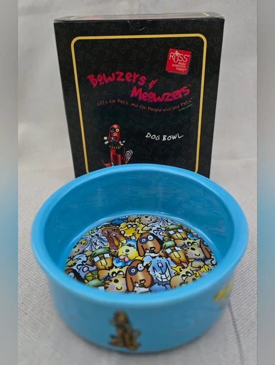Vintage Bowzers & Meowzers Ceramic Dog Bowl by Artist Debby Carman For RUSS