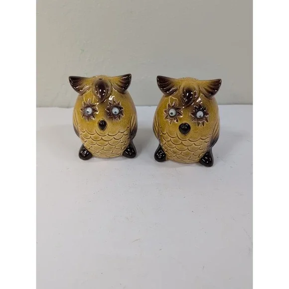 Vintage Brown Ceramic Owl Salt & Pepper Shakers 3