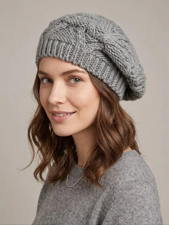 Nwt Caslon Floral Cable Knit French Beret Warm Fall Winter Slouch Hat, Grey