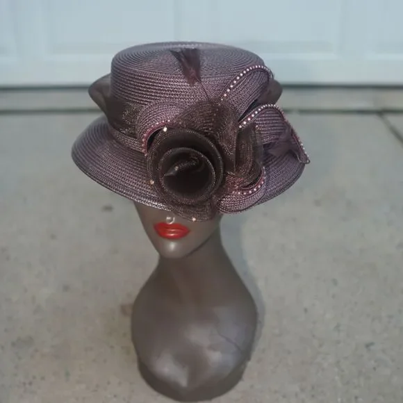 Mauve Brown Ribbon Straw Church Hat Rhinestone Rose Fascinator Vintage Style 12”