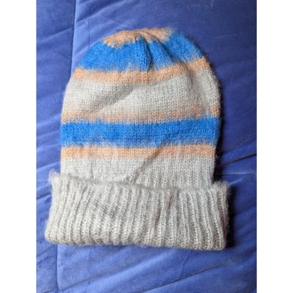Free People Beanie Hat Womens OS Grey Blue Prep Stripe Fuzzy Knit NWT