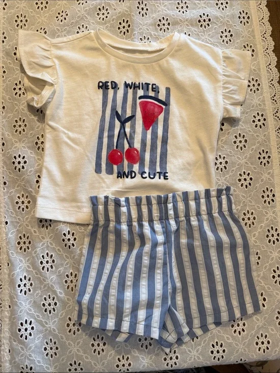 Carter's White Tee with Blue Striped Shorts Pajama Set - Red Cherry Graphic