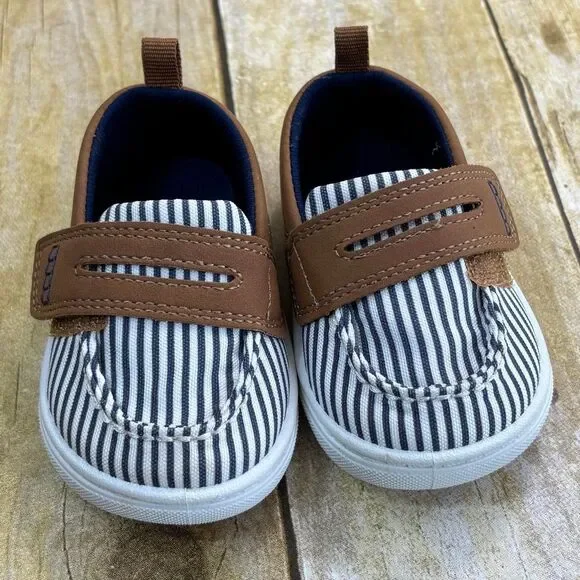 Carters Boys Crew Boat Loafers Blue White Striped Shoes Size 4M