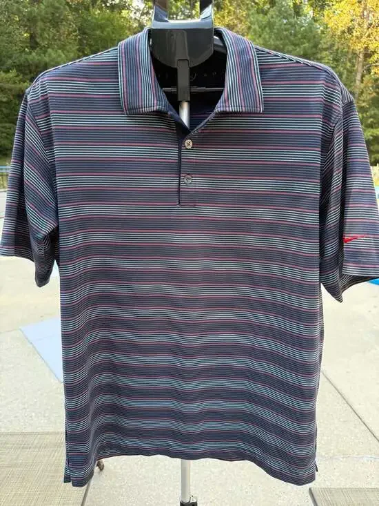 Nike Golf Striped Polo Shirt Navy Blue Red Multi