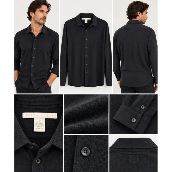 VTG Y2K Perry Ellis Mens L Sheer Shirt Black Button Up 90s Minimalist USA