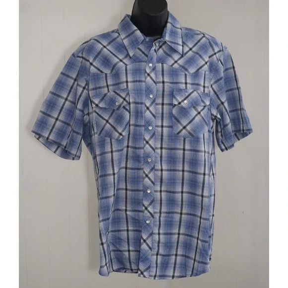 Wrangler Large Short Sleeve Blue Plaid Wrancher Western Snap Shirt