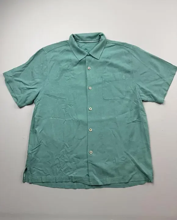 Tommy Bahama Shirt Mens Large Green Solid Short Sleeve Button Up Tropical Casual