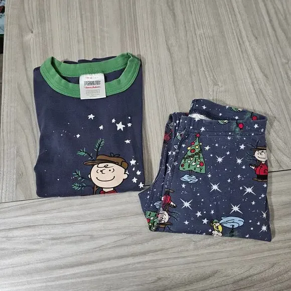 Hanna Andersson Pajama Set Peanuts Charlie Brown Christmas Gray Blue Green 6-7