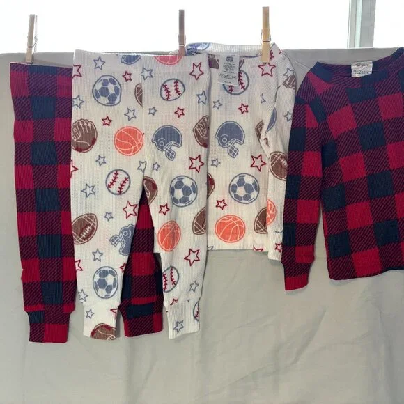 Saint Eve boys thermal pjs 4 piece set baseball football red plaid 4T like new