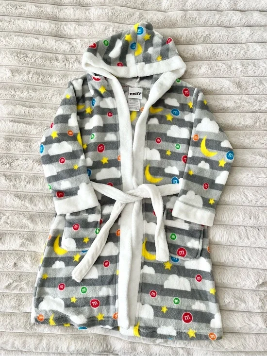 M&M’s World Kids Plush Hooded Robe Gray Candy Print Size XS 4