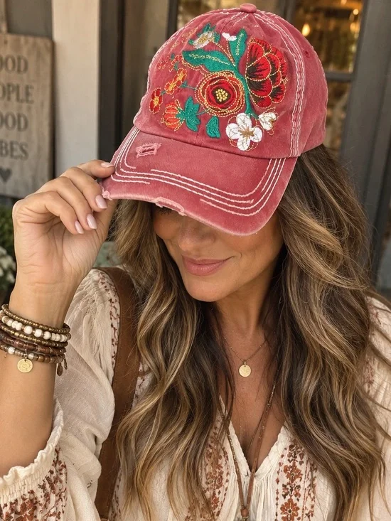 Embroidered Floral Distressed Baseball Cap – Boho Western Style – NWT