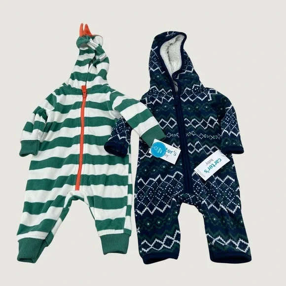 Carter's Fleece Jumpsuit Baby 3M Green Navy Striped Fair Isle‎ Hooded Cozy Dino