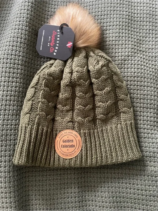 Olive Knit Pom Beanie with Faux Fur Pom