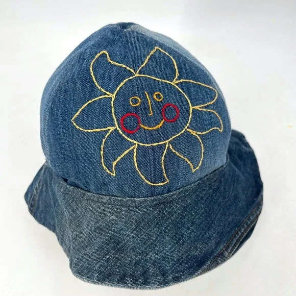 Hippie 70s Boho Vintage Retro Handmade Blue Denim Bucket Hat Embroidered Sun