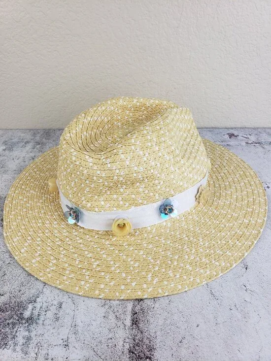 Betsey Johnson Straw Hat Flower Beaded Fedora O/S