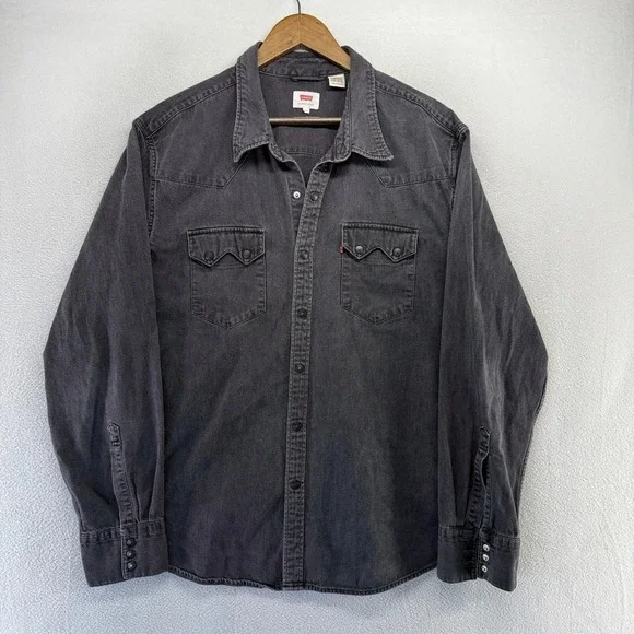 Levis Denim Shirt Men's 2XL Black Western Pearl Snap Sawtooth Pockets Cowboy