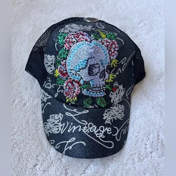 Vintage Skull, Flowers, and Rhinestone Trucker Hat