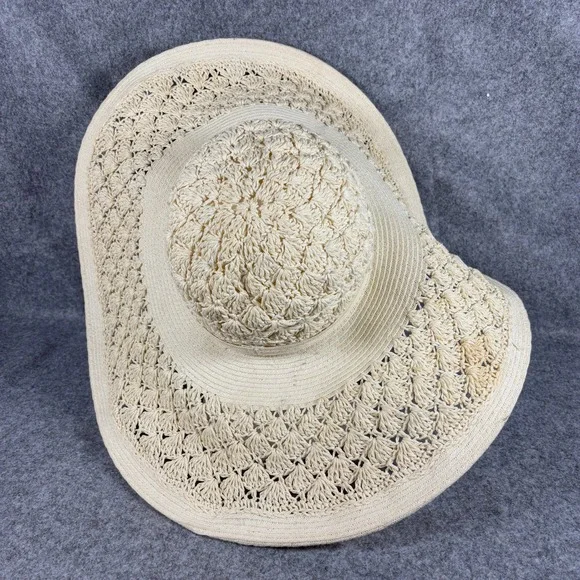 Nine West Womens Wide Brim Floppy Sun Hat OS Cream Crochet Straw Beach Summer