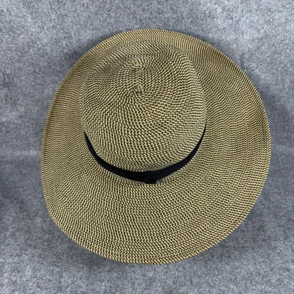 Solar Escape Womens Wide Brim Sun Hat OS Tan Black Woven Adjustable Chin Strap