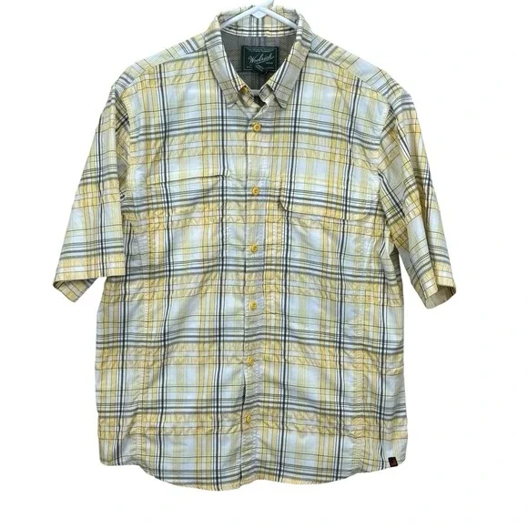 Woolrich Men's Catalyst Vented Hiking Fishing Shirt M Yellow Plaid Short Sleeve