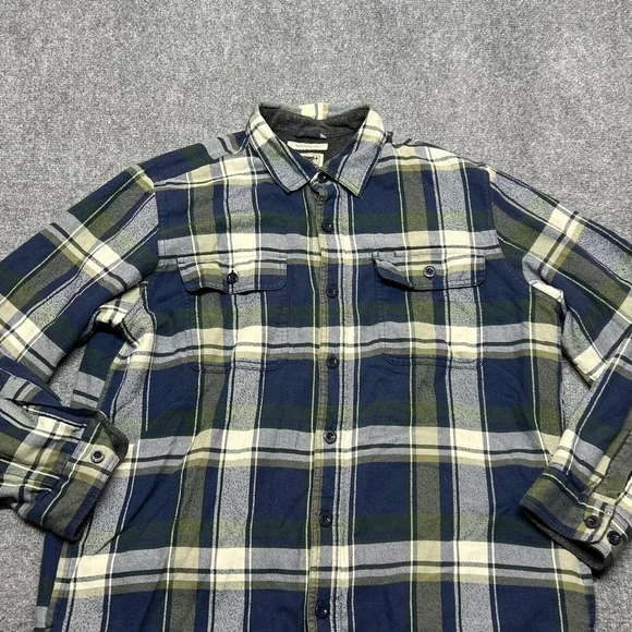 LL Bean Shirt Mens Large Blue Plaid Flannel Fleece Lined Heavyweight Button-Up