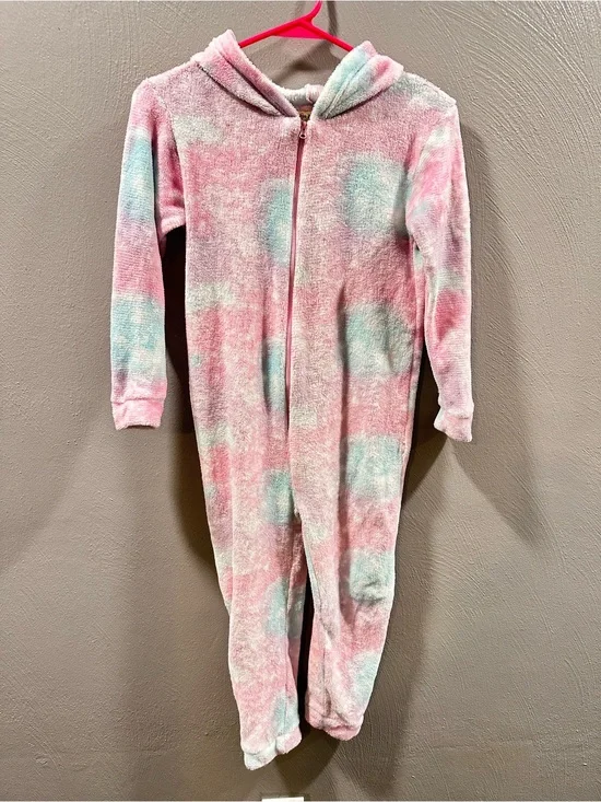 Bobbie Brooks Pink and Blue Tie-Dye Plush Hooded Zip Pajama One-Piece