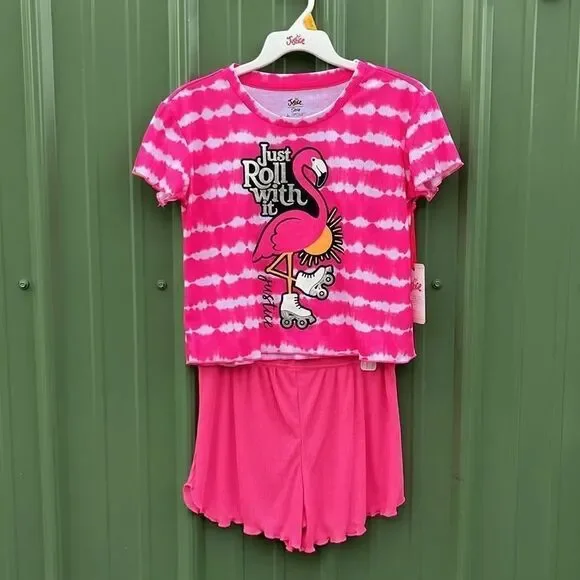 Justice Girls Shorts & T-Shirt Tie Dye Flamingo Pajama Set Size L 12/14