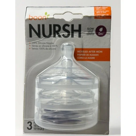 3 Pack: Boon‎ Nursh Silicone Replacement Nipple Stage 1 Slow Flow 0m+ NEW