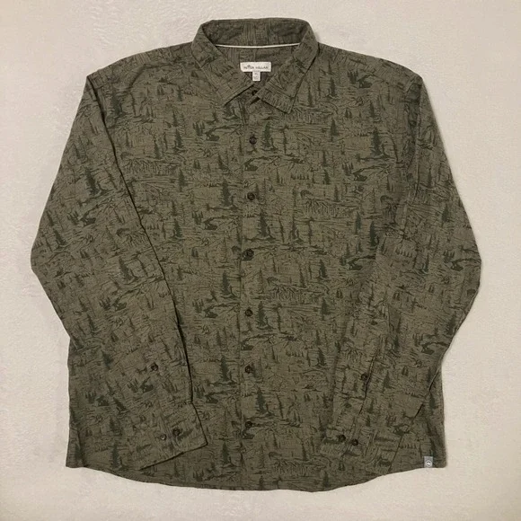 Peter Millar Outdoor Print Button Up Shirt Mens Size XL Long Sleeve Green Forest