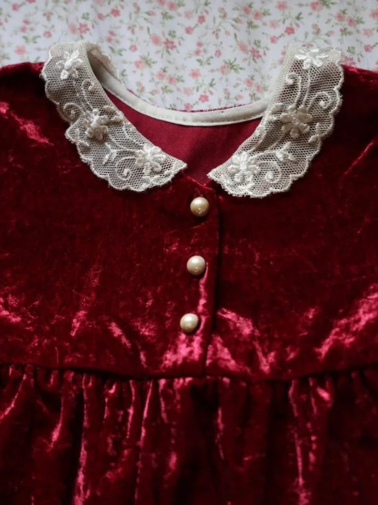 Vintage Emy Burgundy Crushed Velvet 2 Piece Set Lace Collar 24M