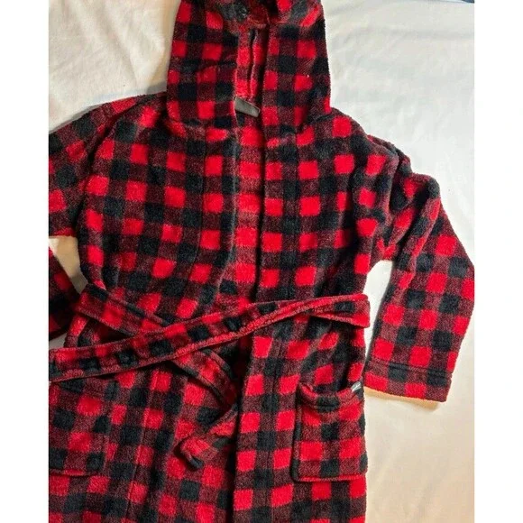 Kids Eddie Bauer XS 5/6 Hooded Fleece Robe Red/Black Plaid Tie Belt