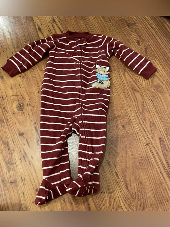 Carter's Burgundy and White Striped Footed One-Piece with Fox Patch