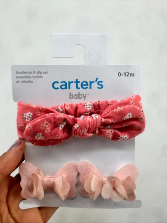 Carter's‎ baby headband and clip set with pink floral print, size 0-12 months.