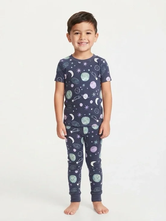 wonder nation Navy Space-Print Short Sleeve Pajama Set
