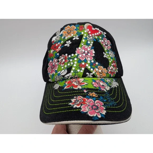 Classic Jolly Roger Black Cotton Floral Peace Sign Rhinestone Adjustable Hat