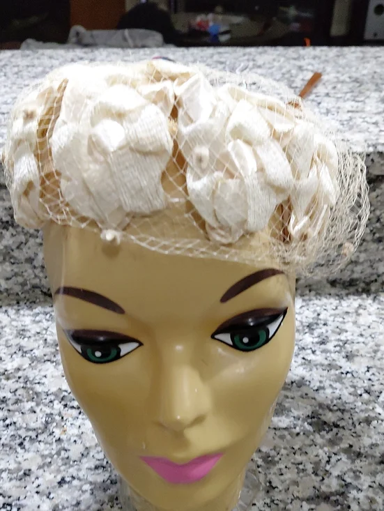 Vintage Ivory Floral Netting Pillbox Hat - Women Accessories Beige
