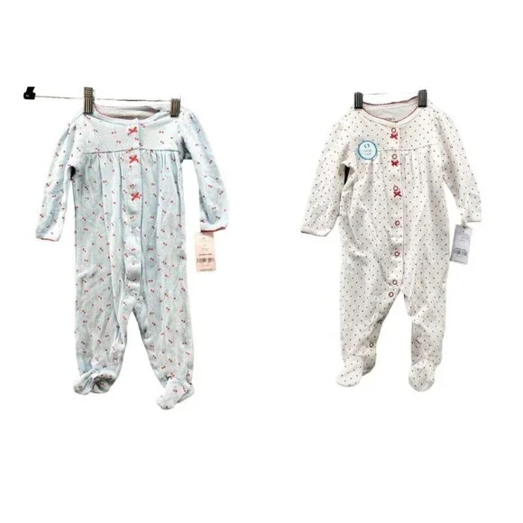 NWT Carter's Baby 6M Footed Pajamas 2 Piece BUNDLE Snap Button Heart Cherry Girl
