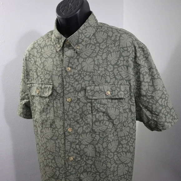 Duluth Trading Co Vented Fishing Shirt Mens 2XL Relaxed Fit Green Tropical Leaf