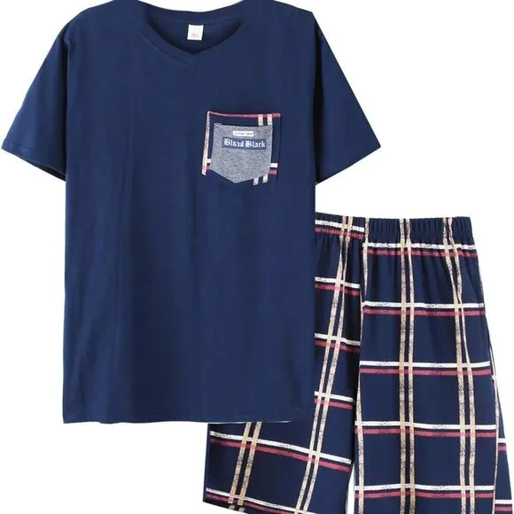 Big Boys 2 Piece Pajama Set Short Sleeve Shirt & Plaid Shorts Size M 100% Cotton