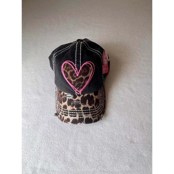 Love Girl Leopard Heart Distressed Baseball Cap Black Pink Animal Print Hat