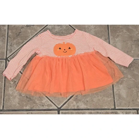 Carters Baby Girls 12M Halloween Pumpkin Tulle Tutu Top Orange Striped LS