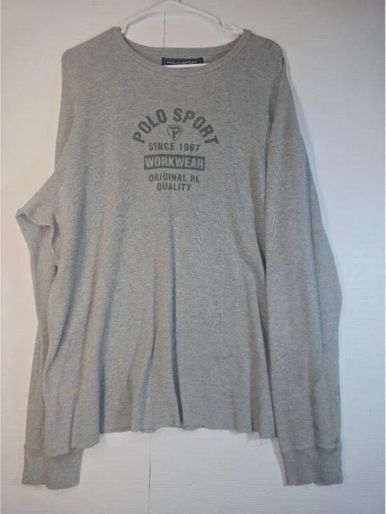 Vintage Polo Sport Ralph Lauren Mens XXL Gray Thermal Waffle Knit Shirt Workwear