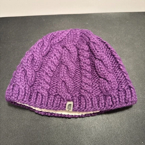 The North Face Beanie Purple Hat Crap Cable‎ Knit Alpaca Wool Blend Fleece Lined