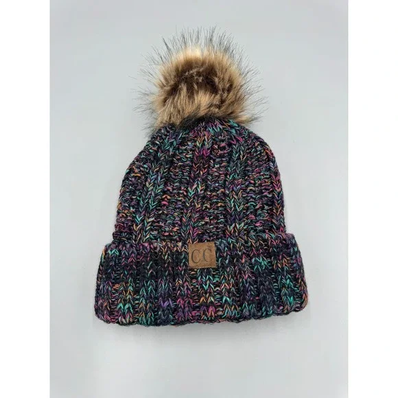 C.C Exclusives Multi-Color Confetti Cable Knit Beanie Faux Fur Pom Hat Cap