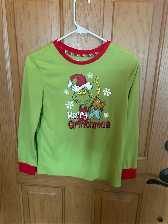 Kids' Merry Grinchmas Green Long-Sleeve Pajama Top with Red Trim